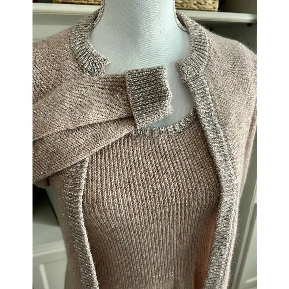 ANNE FOGARTY Vintage 1970s Metallic Knit Sweater Maxi Dress and Cardigan Set MED